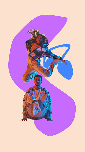 istock Contemporary art collage. Vertical poster. Duo in synchronized lift against soft pastel background and abstract forms. 2210381521
