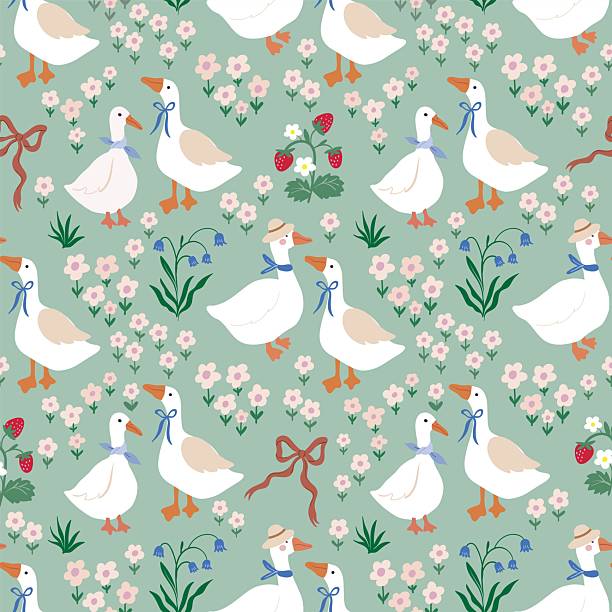Spring and summer seamless pattern  with geese, flowers and strawberries, vintage style wallpaper, charming background