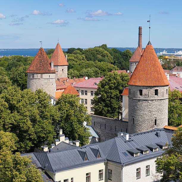 The medieval towers of Tallinn, Estonia, on a summer day.