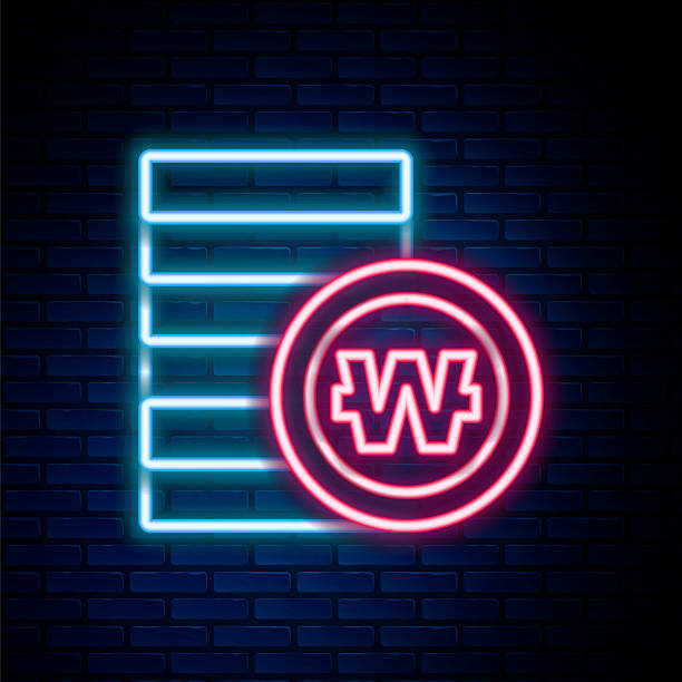 istock Glowing neon line South Korean won coin icon isolated on brick wall background. South Korea currency business, payment and finance. Colorful outline concept. Vector 2210399218