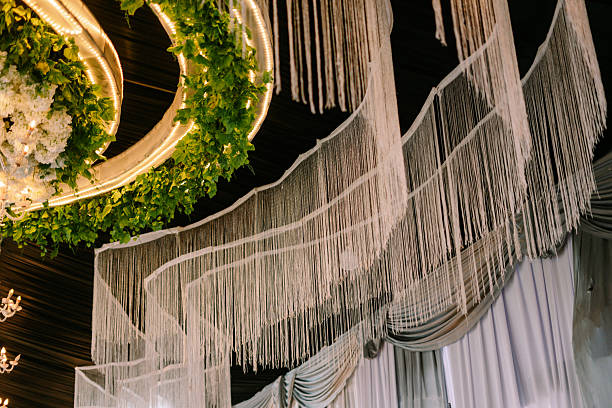 istock Elegant Wedding Ceiling Decor with Greenery and Fabric Draping detail 2210400027