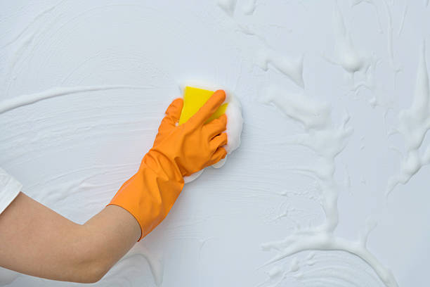 istock Woman hand cleaning blue wall with sponge 2210401612