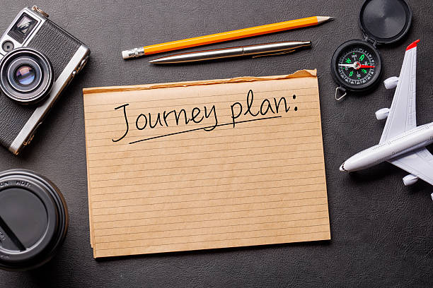 istock Creative flat lay of a travel-themed desk with notepad for plans 2210407319