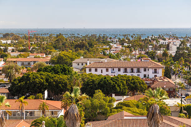 A breathtaking panoramic view of Santa Barbara from the historic courthouse, showcasing red-tiled roofs, lush greenery, and the distant Pacific Ocean under a bright, sunny sky