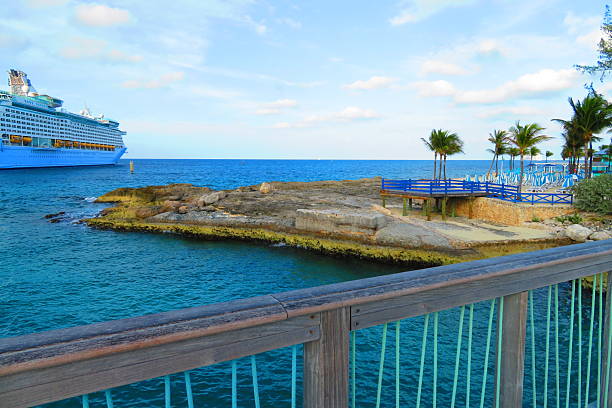 January 2025: The Royal Caribbean Cruise Ships, Odyssey of the Seas and Voyager of the Seas, are docked at Coco Cay in the Bahamas on a bright sunny day. Passengers can be seen walking toward the ships.