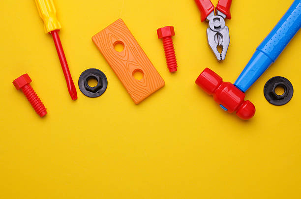 3d tools set square composition group top view yellow background minimal 3d rendering,craft-technician-engineer tools concept cartoon style
