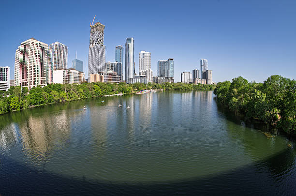 istock Fisheye lens view of Austin skyline from Congress bridge 2210431928