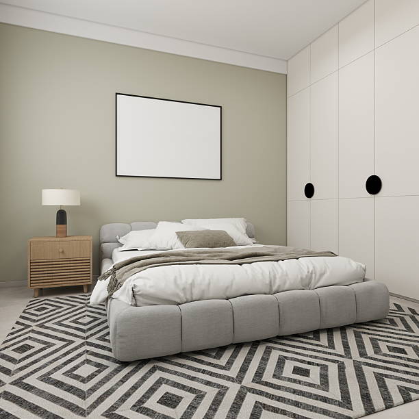 Blank horizontal frame in a cozy bedroom with a green wall and decor