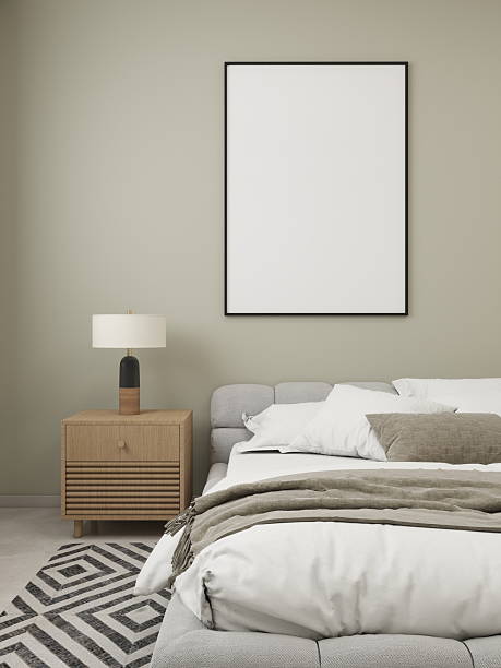 Blank vertical frame in a cozy bedroom with a green wall and decor