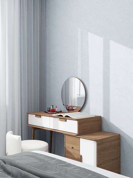 istock Makeup corner in a bedroom with blue walls and decor 2210456969