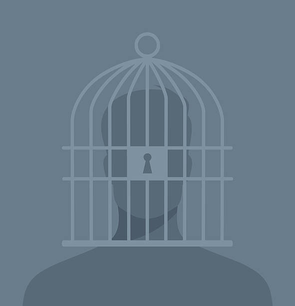 istock Human silhouette with a cage on his head, monochrome gray vector illustration in flat style 2210460810