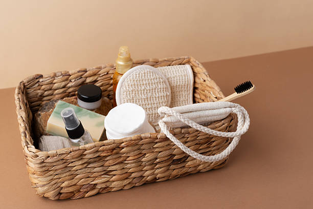istock Bathroom tools and organic cosmetic products in woven basket on beige background emphasizing natural, eco-friendly beauty essentials and self-care routine concept 2210461828