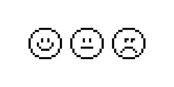 Minimalist pixel art emoticon. Pixelated happy, neutral and sad face. Smile icons Minimalist pixel art emoticon. Pixelated happy, neutral and sad face. Smile icons. Survey concept. Pixels Y2k trendy playful emoji stickers. 8-bit retro style vector illustration for social media background of the sad face black and white stock illustrations