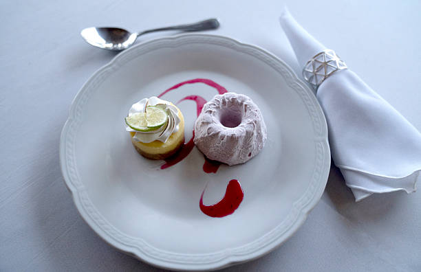Closeup view of a lemon curd with raspberry ice cream