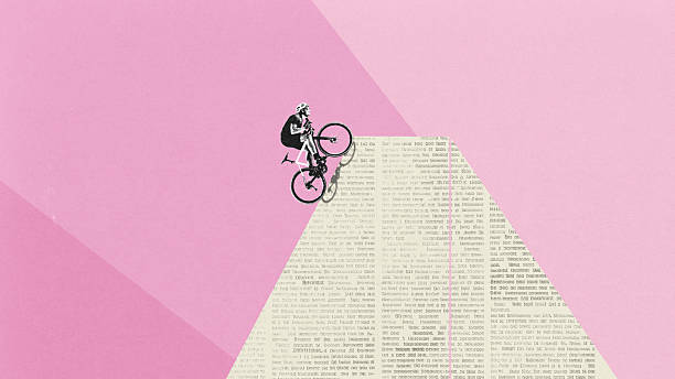 istock Modern conceptual collage. Cyclist reaching graphic mountain peak. Quiet triumph. Monochrome design. Sport tension. Textured effect. 2210472876