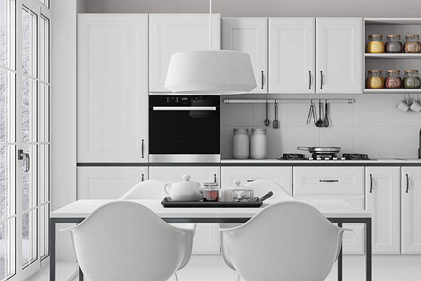 interior view of a modern white kitchen with ranch window