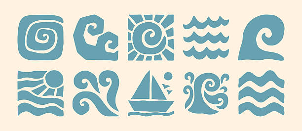 Boho Sea Waves Icons in Naive Art Style. Vector Abstract Square Tropical Illustrations in Freehand for Logo, Patterns, T-Shirt Print, Stickers, Social Media Post and Stories