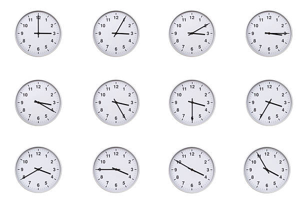 istock Set of wall clocks with silver frames and clean white faces, each displaying time at 5 minute intervals from 03:00 to 03:55 or 15:00 to 15:55. Ideal for visualizing concepts like time tracking, routine, punctuality, scheduling, and productivity 2210479208
