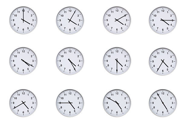 istock Set of wall clocks with silver frames and clean white faces, each displaying time at 5 minute intervals from 04:00 to 04:55 or 16:00 to 16:55. Ideal for visualizing concepts like time tracking, routine, punctuality, scheduling, and productivity 2210479211