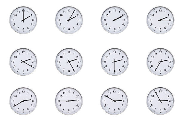 istock Set of wall clocks with silver frames and clean white faces, each displaying time at 5 minute intervals from 02:00 to 02:55 or 14:00 to 14:55. Ideal for visualizing concepts like time tracking, routine, punctuality, scheduling, and productivity 2210479212