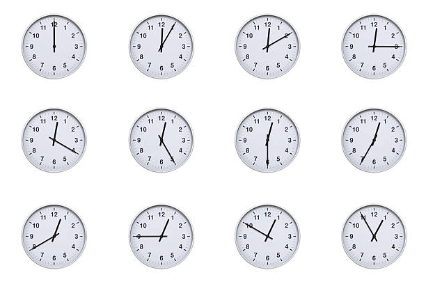 istock Set of wall clocks with silver frames and clean white faces, each displaying time at 5 minute intervals from 00:00 to 00:55 or 12:00 to 12:55. Ideal for visualizing concepts like time tracking, routine, punctuality, scheduling, and productivity 2210479213