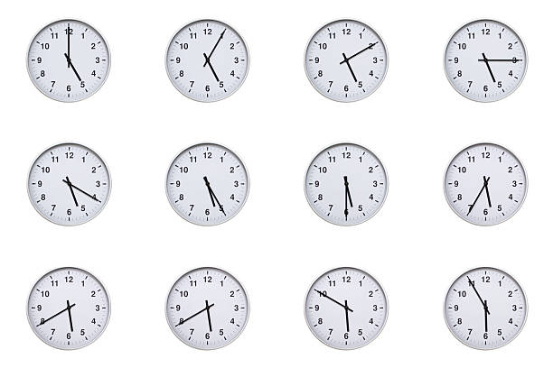 istock Set of wall clocks with silver frames and clean white faces, each displaying time at 5 minute intervals from 05:00 to 05:55 or 17:00 to 17:55. Ideal for visualizing concepts like time tracking, routine, punctuality, scheduling, and productivity 2210479221