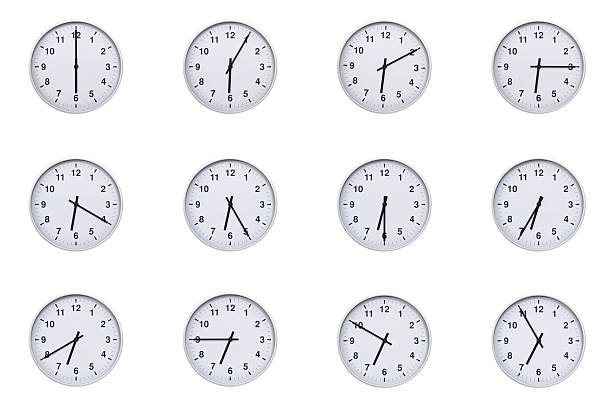 istock Set of wall clocks with silver frames and clean white faces, each displaying time at 5 minute intervals from 06:00 to 06:55 or 18:00 to 18:55. Ideal for visualizing concepts like time tracking, routine, punctuality, scheduling, and productivity 2210479227