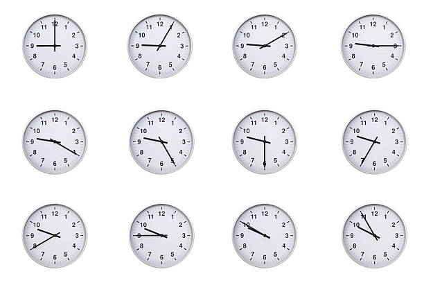 istock Set of wall clocks with silver frames and clean white faces, each displaying time at 5 minute intervals from 09:00 to 09:55 or 21:00 to 21:55. Ideal for visualizing concepts like time tracking, routine, punctuality, scheduling, and productivity 2210479228