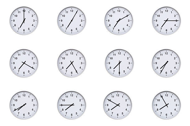 istock Set of wall clocks with silver frames and clean white faces, each displaying time at 5 minute intervals from 07:00 to 07:55 or 19:00 to 19:55. Ideal for visualizing concepts like time tracking, routine, punctuality, scheduling, and productivity 2210479229
