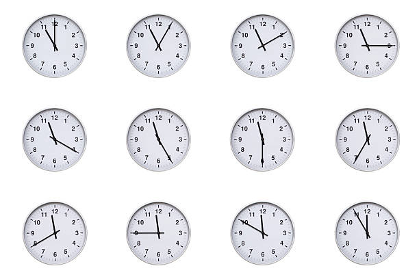 istock Set of wall clocks with silver frames and clean white faces, each displaying time at 5 minute intervals from 11:00 to 11:55 or 23:00 to 23:55. Ideal for visualizing concepts like time tracking, routine, punctuality, scheduling, and productivity23 2210479235