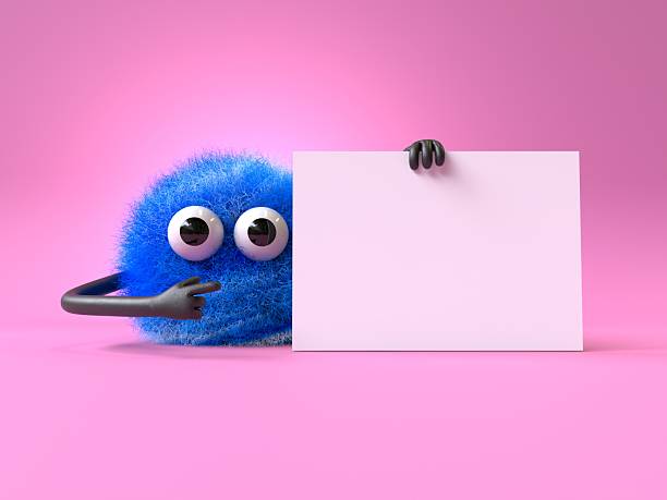 istock Fluffy, cute monster holds a blank sign. 2210479590