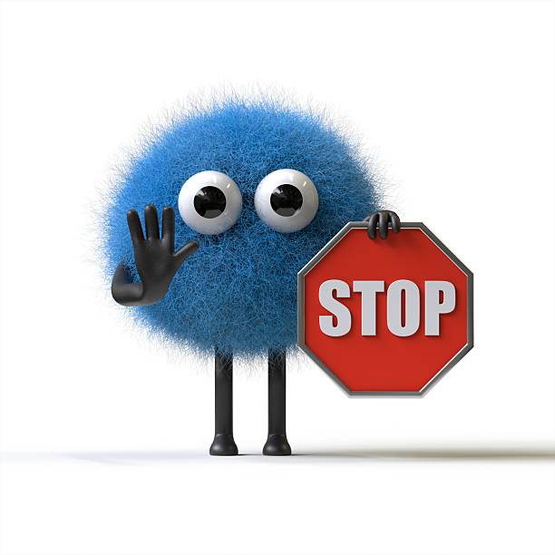 Fluffy, cute monster holding a stop sign, symbolizing caution or halting. 3D rendering, conceptual image. Isolated on white background.