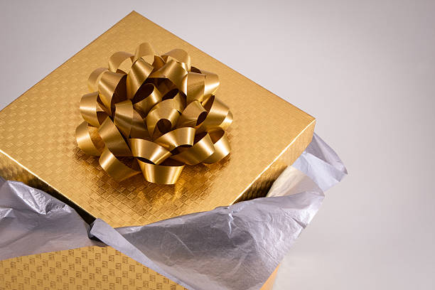 gift wrapped in a box with a red ribbon. holiday