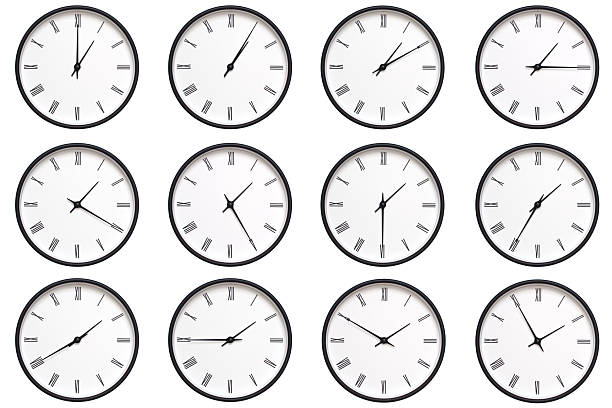A set of 12 wall clocks with black frames and Roman numerals, each displaying a different time from 01:00 to 01:55 or 13:00 to 13:55. ideal for timekeeping, schedule management, and daily routines.