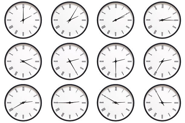 A set of 12 wall clocks with black frames and Roman numerals, each displaying a different time from 02:00 to 02:55 or 14:00 to 14:55. ideal for timekeeping, schedule management, and daily routines.