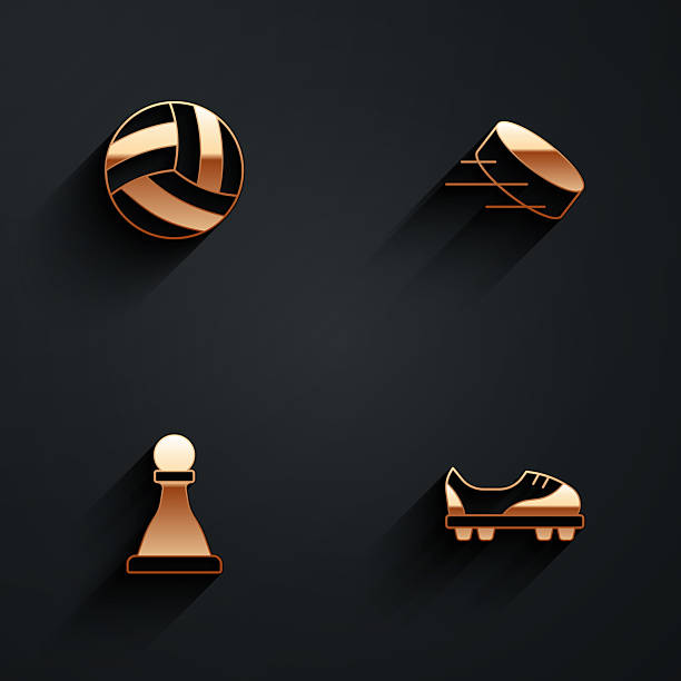 Set Volleyball ball, Hockey puck, Chess and Football shoes icon with long shadow. Vector Set Volleyball ball Hockey puck Chess and Football shoes icon with long shadow. Vector. evolution volleyball stock illustrations