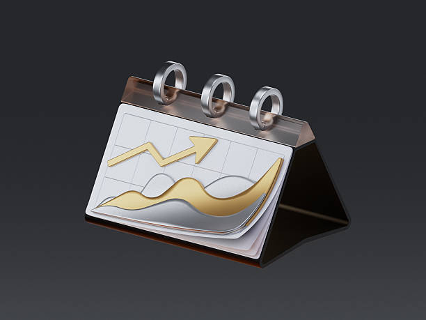 3D icon of a calendar with a rising analytics chart, symbolizing business growth, progress tracking, and performance over time. Isolated on blue background.