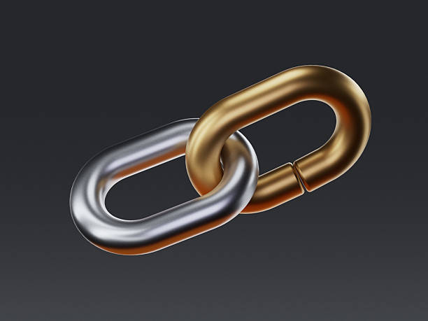 istock 3D render of two chain links connecting together. Concept for blockchain, crypto network integrity, and secure digital connection. 2210492111
