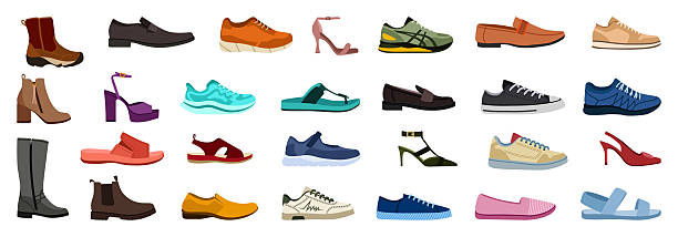 Shoes. Mens, womens and childrens footwear different types, trendy casual, stylish elegant glamour and formal shoes cartoon vector side view set