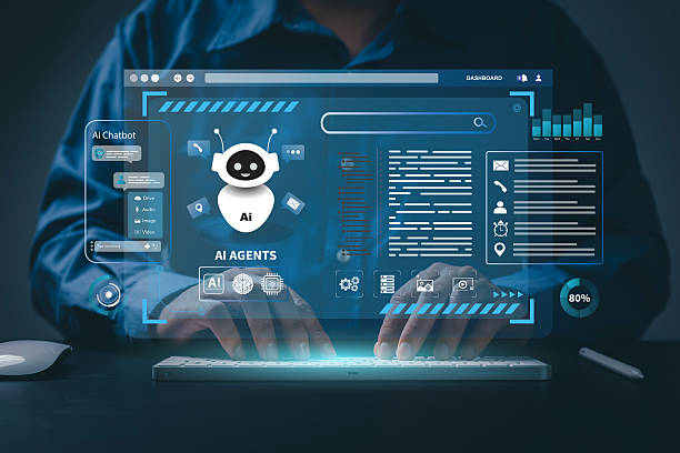 AI agent and generative artificial intelligence concept. Businessman using AI agents on screen, including chatbots, AI assistants, and data analytics tools on a laptop. LLM, Ai agentic workflows. stock photo