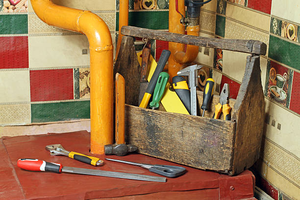 istock Tools in an old wooden box for home repairs. 2210502239