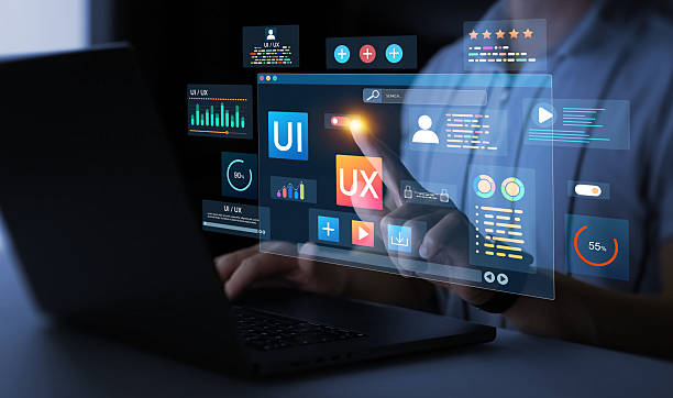 istock Holographic UI-UX, display icons of UX-UI designer, creative planning, data visualization. Web design, application design,coding develop.UX-UI design web and user design development. 2210506240
