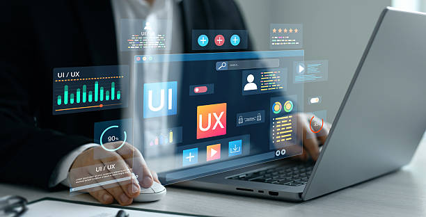 istock Holographic UI-UX, display icons of UX-UI designer, creative planning, data visualization. Web design, application design,coding develop.UX-UI design web and user design development. 2210506242