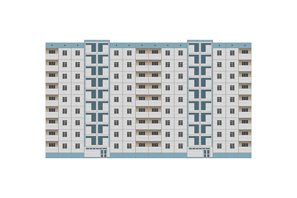 istock Side view of nine-storey Soviet prefabricated panel apartment building is isolated. 2210509327