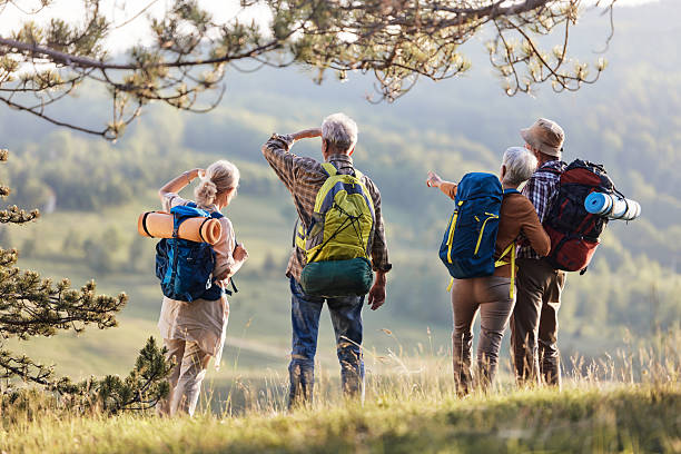 istock Rear view of senior backpackers looking at view on a mountain. 2210512503