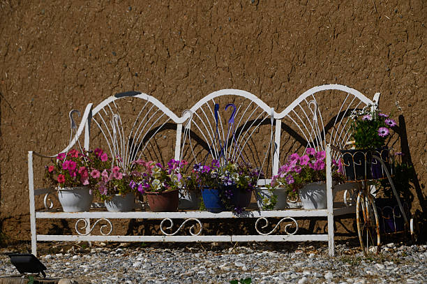 A delightful wrought-iron bench displays an array of colorful potted flowers, set against a warm, earthy wall. Sunlight illuminates this tranquil scene, evoking a sense of peace and beauty.