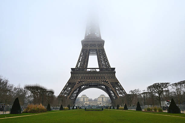 Paris, France - February 5th: The Eiffel Tower is partly hidden in the fog
