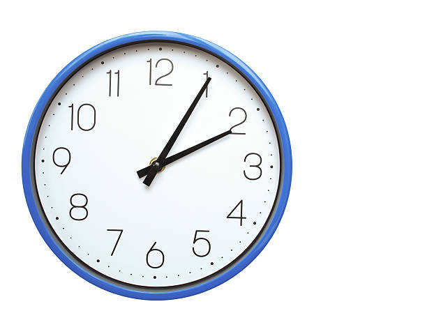 Wall clock with blue frame showing 2.05 02.05 or 14.05 O clock  on white background, suitable for time related articles, education, or punctuality concepts