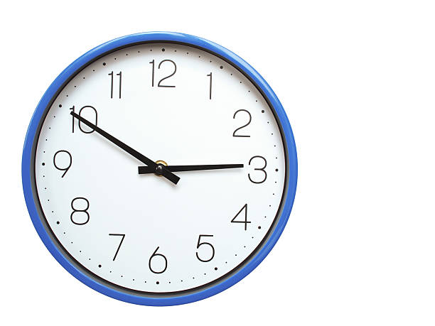 Wall clock with blue frame showing 2.50 02.50 or 14.50 O clock  on white background, suitable for time related articles, education, or punctuality concepts
