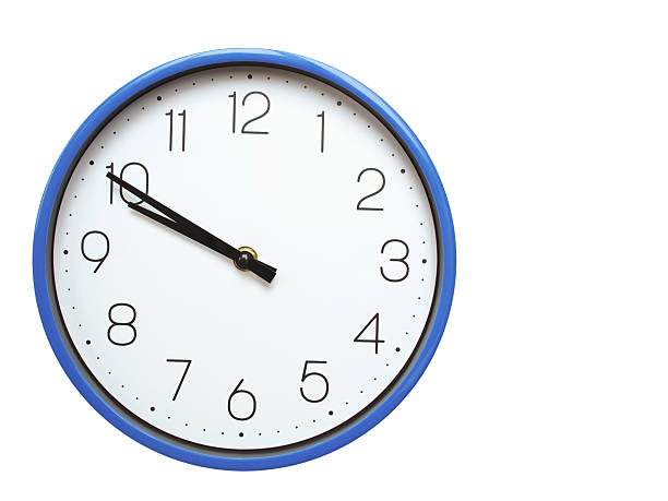 istock Wall clock with blue frame showing 9.50 09.50 or 21.50 O clock  on white background, suitable for time related articles, education, or punctuality concepts 2210517791